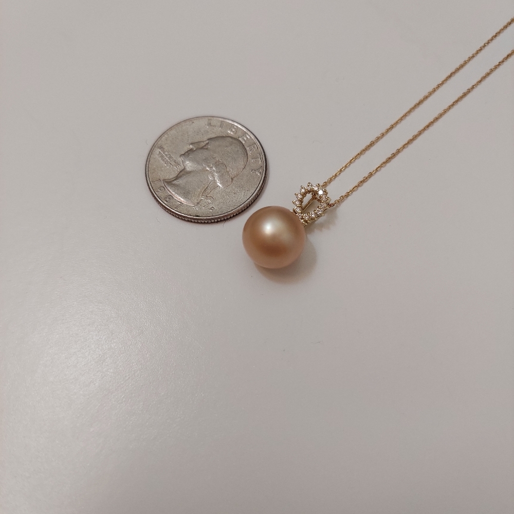 18K Yellow Gold Golden South Sea Pearl Diamond Pendant Necklace - Picture 5 of 14